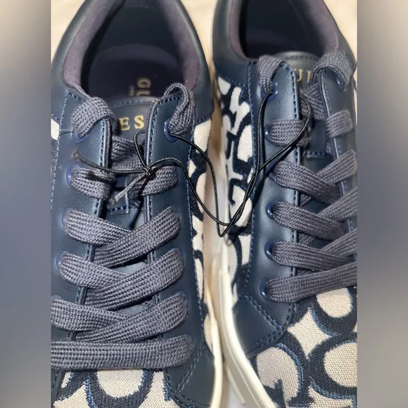 GUESS Women's Blue and Cream Patterned Platform Sneakers - Picture 6 of 10